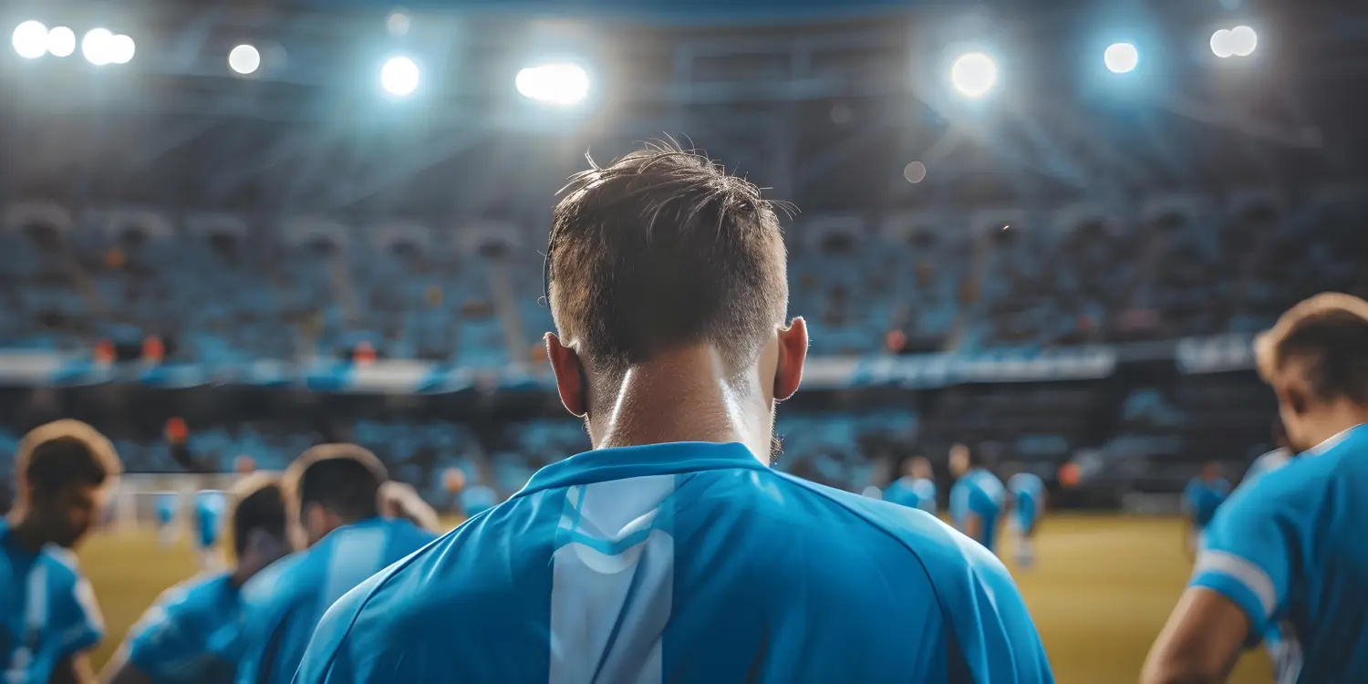 Entmutigte Fußballspieler in blauen Trikots, nachdem sie ein Spiel verloren hatten, zeigten Traurigkeit und Enttäuschung in einem Stadion. Konzeptsport, Fußball, Enttäuschung, Mannschaftsverlust, Stadion